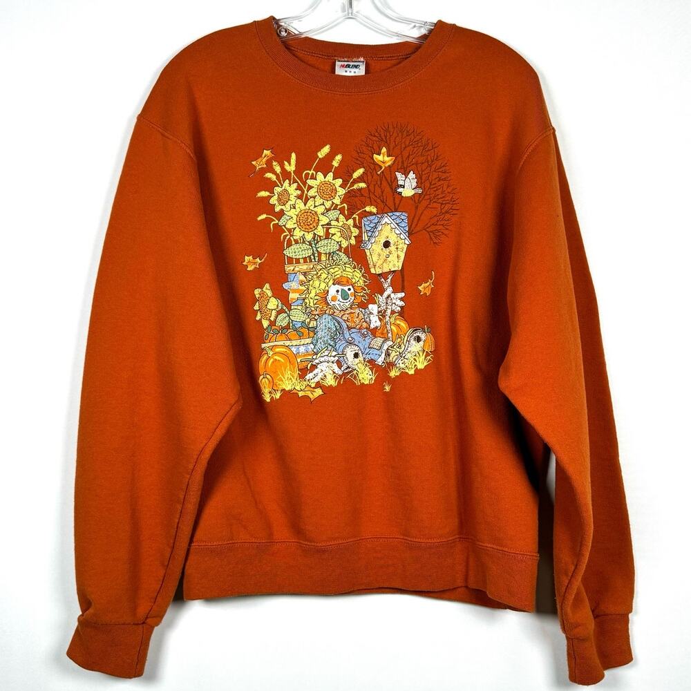 Vintage 90s Jerzees Orange Sweatshirt Scarecrow Fall Scene Women's Size M - Picture 2 of 5